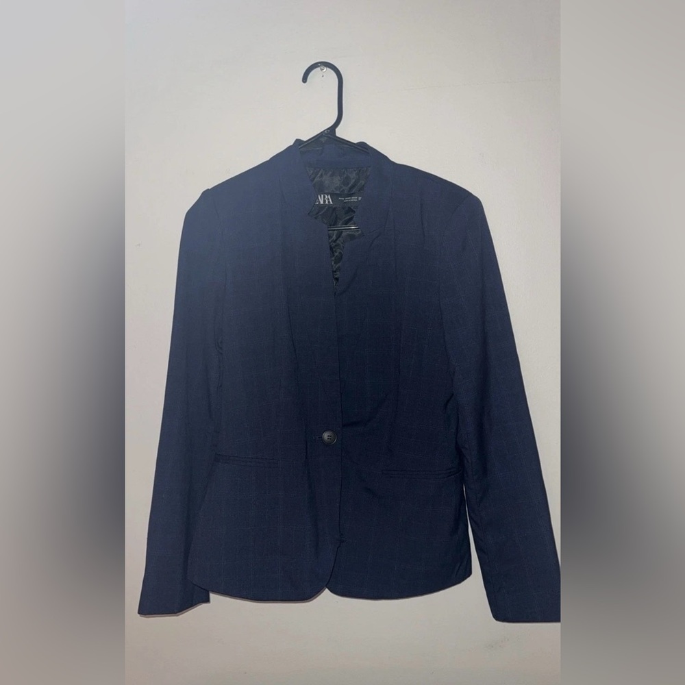 Zara Women’s Plaid Blazer Size 4 Blue Slim Fit Checked Career Work Jacket FLAW